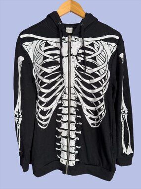 Skeleton Print Full Zip Hooded Sweatshirt Black Hoodie Spirit Halloween Small
